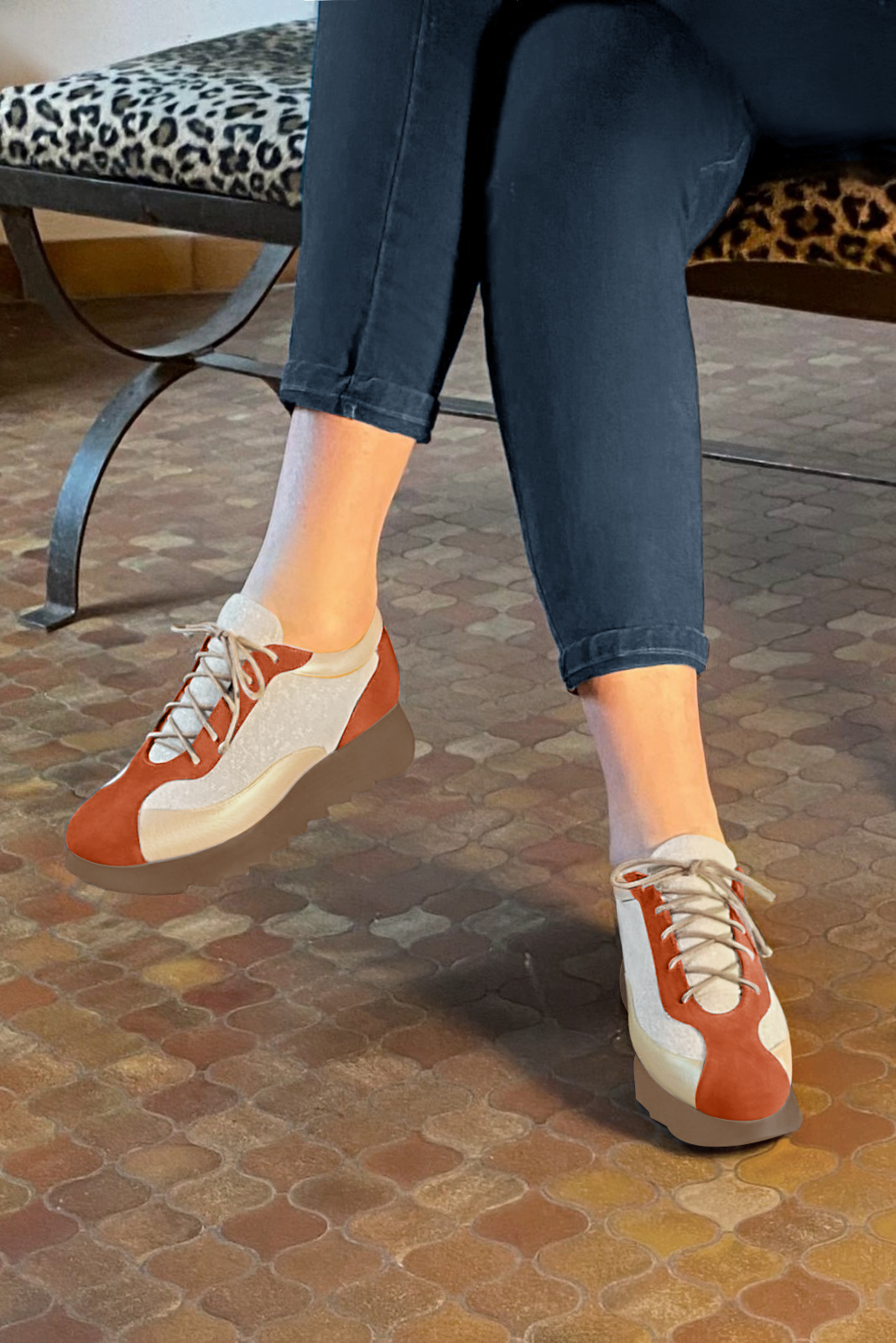 Terracotta orange and gold women's two-tone elegant sneakers. Round toe. Low rubber soles. Worn view - Florence KOOIJMAN